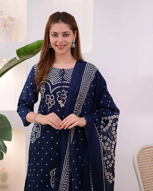 Noor-e-Navy Bandhej Mirror Work Cotton Suit