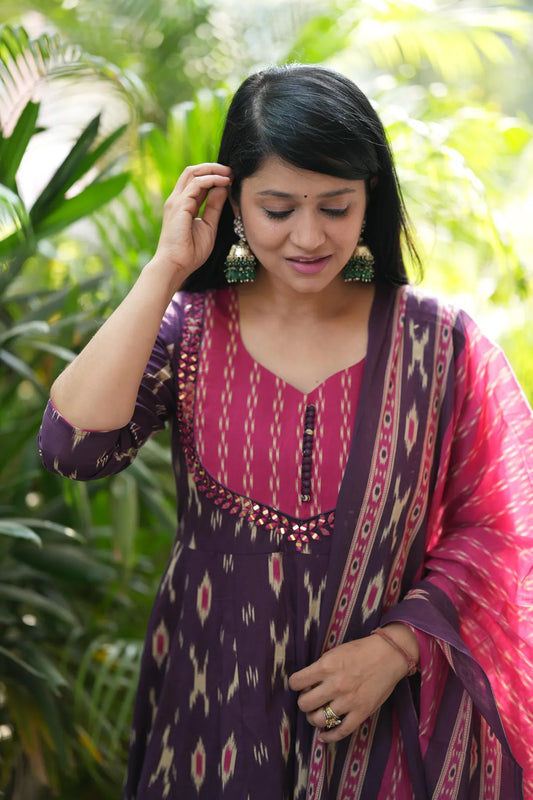 Pink And Purple Cotton Kurta Set With Dupatta For Women