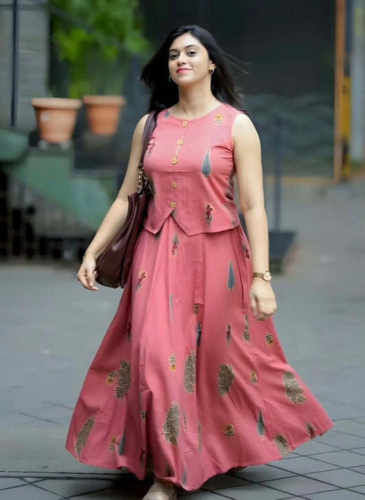 Rose Pink Printed Sleeveless Anarkali Kurta Set