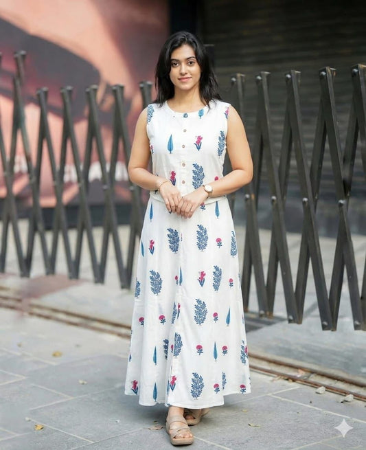 White Printed Sleeveless Anarkali Kurta
