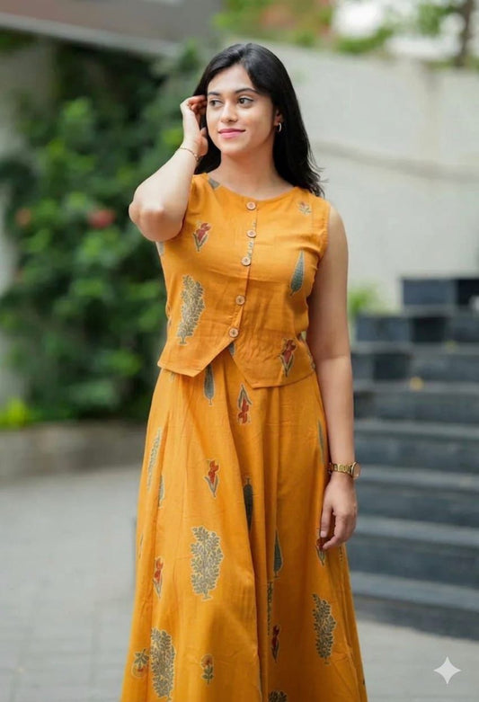Mustard Yellow Printed Sleeveless Anarkali Kurta