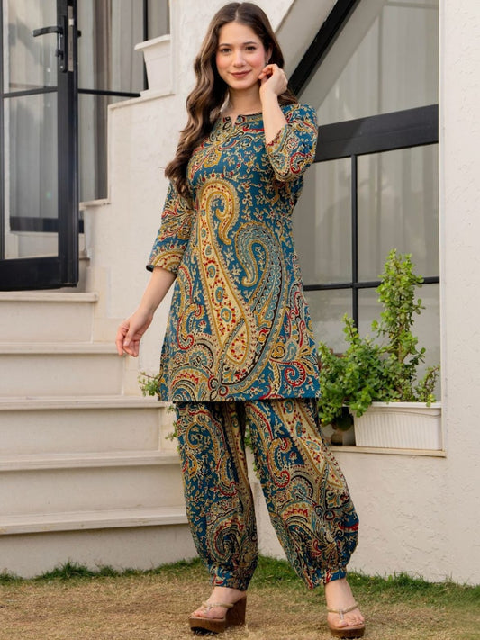 Teal Paisley Printed Cotton Co-Ord Set
