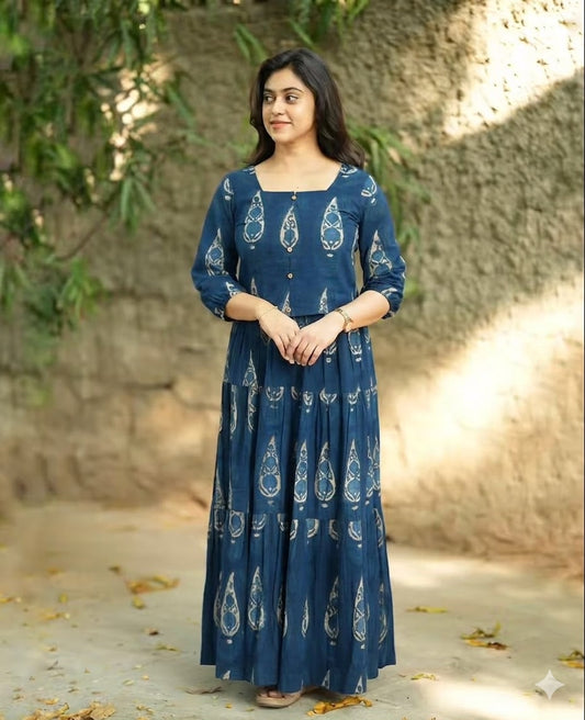 Blue Printed Cotton Anarkali Dress