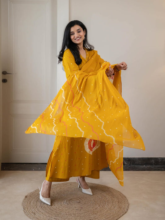 Mustard Bandhani Print Kurta Set with Dupatta