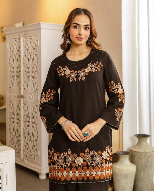 Black Floral Embroidered Kurta Palazzo Set