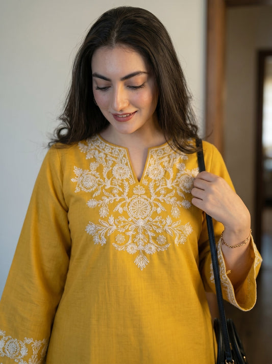 Embroidery Yellow Cotton Kurta Set with Palazzo Pants