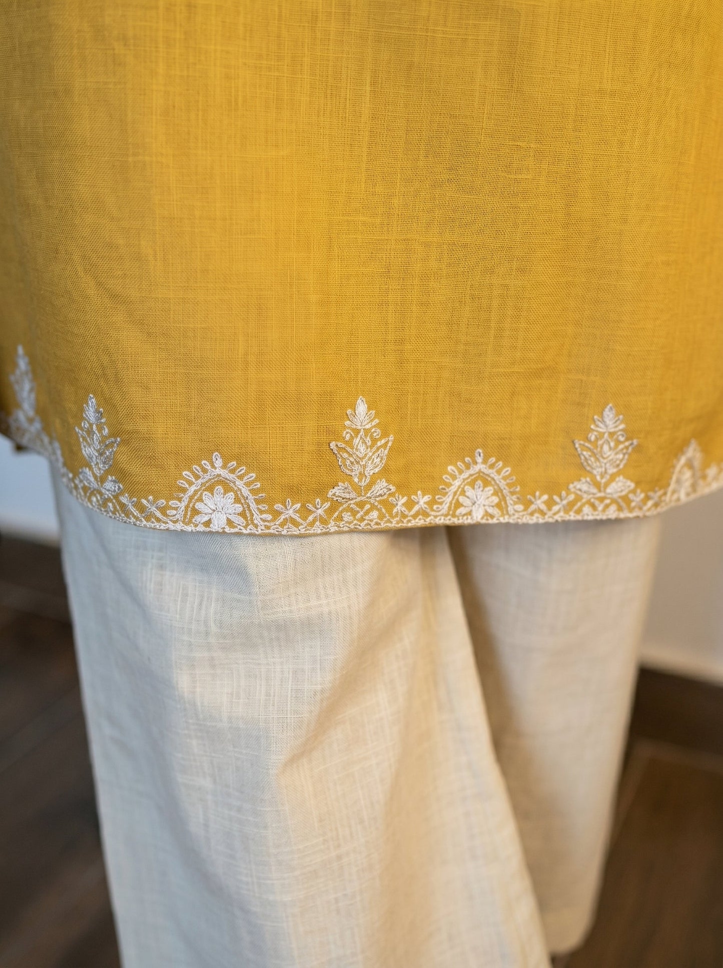 Embroidery Yellow Cotton Kurta Set with Palazzo Pants