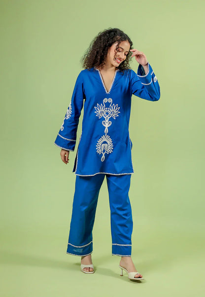 Alaya Blue Cotton Boxy Short Kurta Set