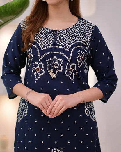Noor-e-Navy Bandhej Mirror Work Cotton Suit