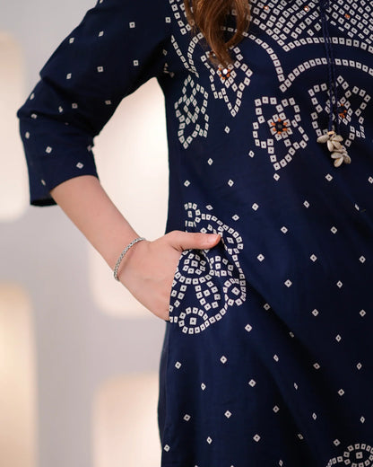 Noor-e-Navy Bandhej Mirror Work Cotton Suit