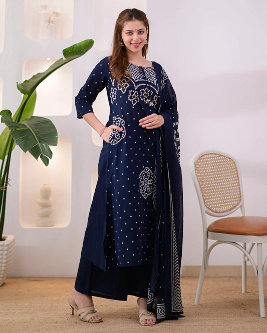 Noor-e-Navy Bandhej Mirror Work Cotton Suit