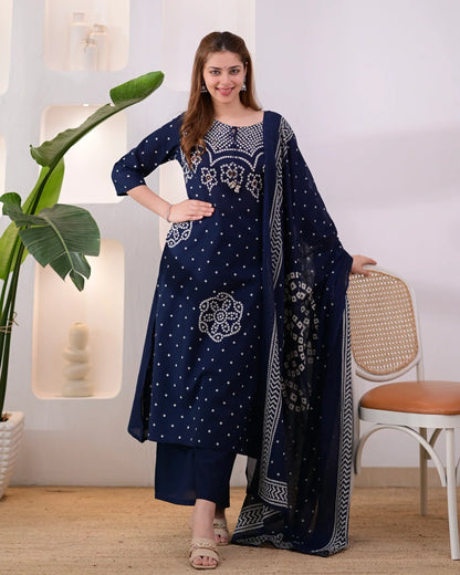 Noor-e-Navy Bandhej Mirror Work Cotton Suit