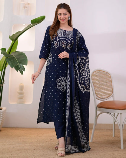 Noor-e-Navy Bandhej Mirror Work Cotton Suit