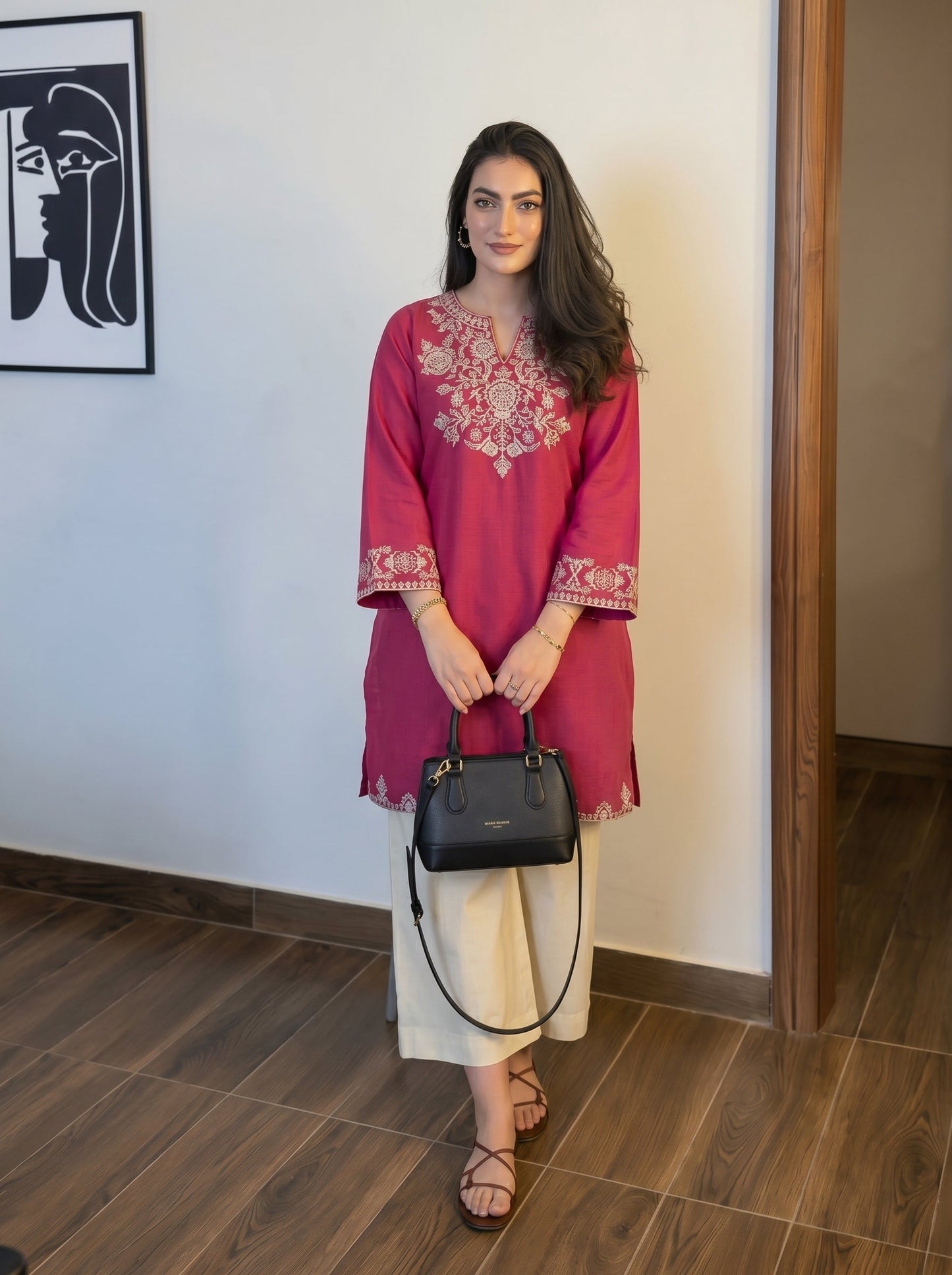 Embroidery Pink Cotton Kurta Set with Palazzo Pants