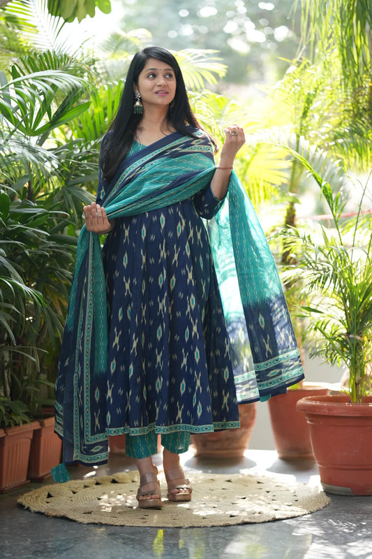 Navy Blue Cotton Kurta Set With Dupatta For Women