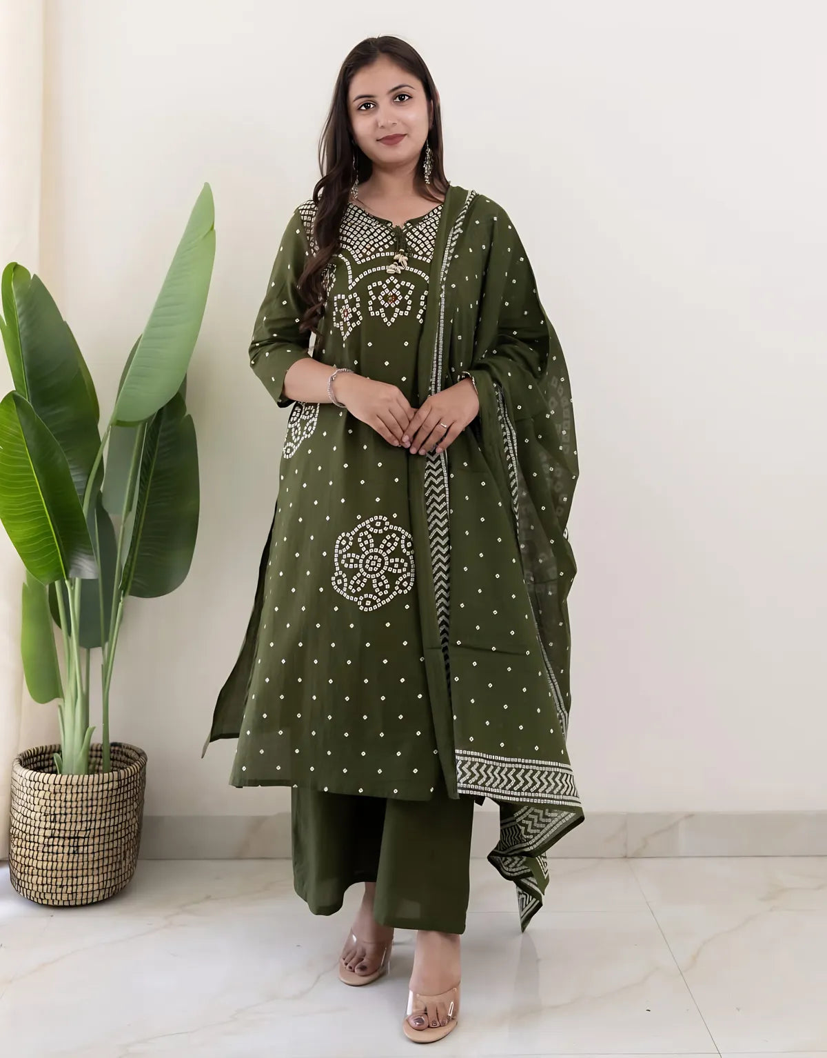 Mehendi Muse Bandhej Mirror Work Cotton Suit