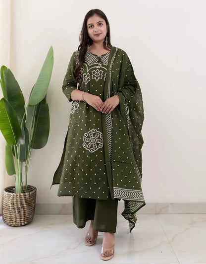 Mehendi Muse Bandhej Mirror Work Cotton Suit
