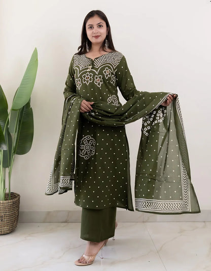 Mehendi Muse Bandhej Mirror Work Cotton Suit