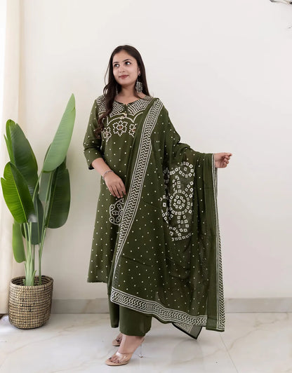 Mehendi Muse Bandhej Mirror Work Cotton Suit