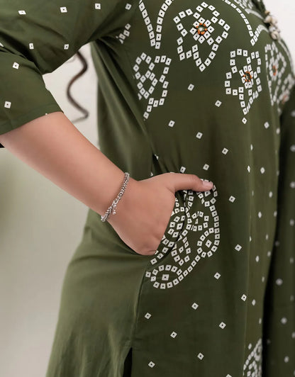 Mehendi Muse Bandhej Mirror Work Cotton Suit