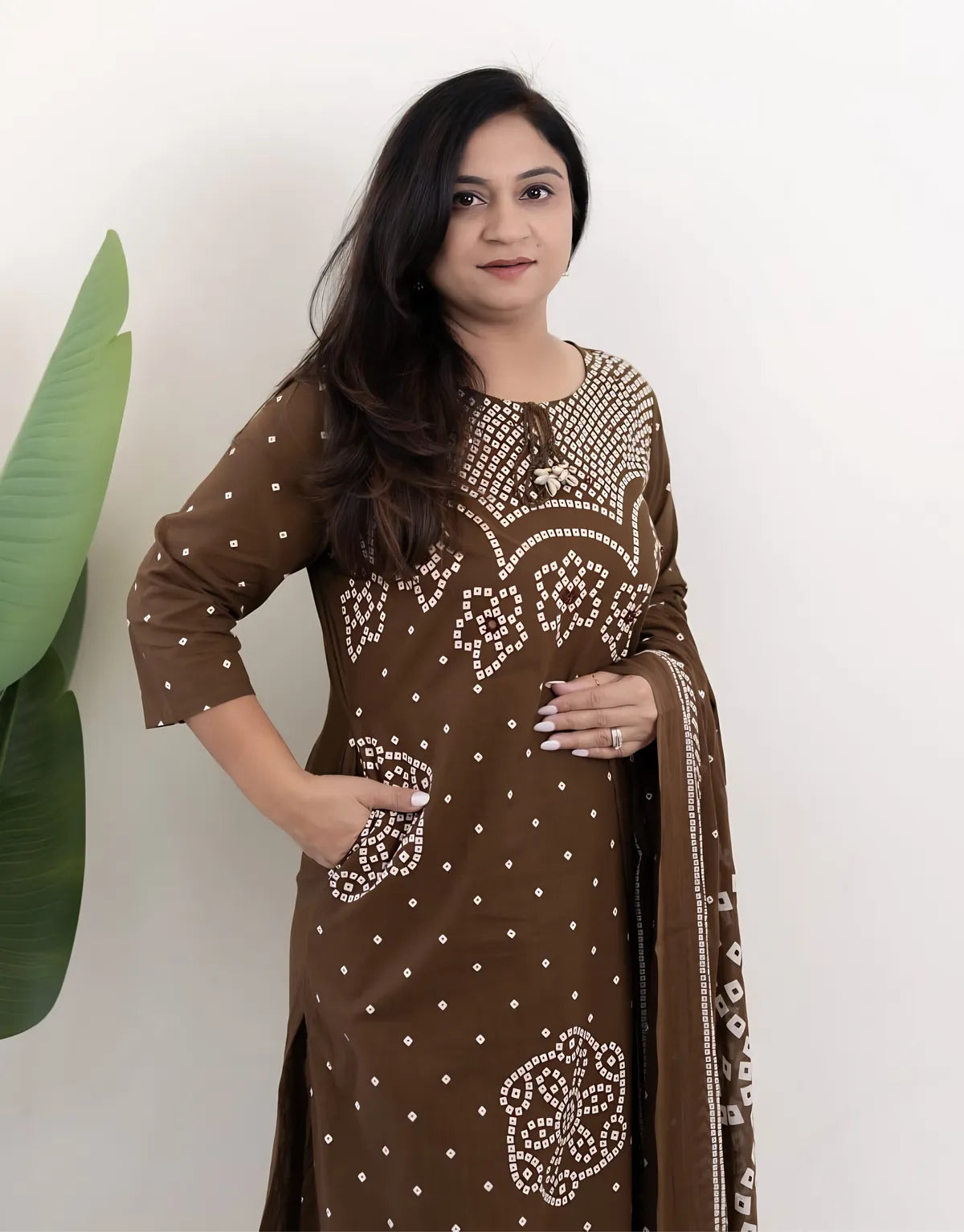 Mocha Mehfil Bandhej Mirror Work Cotton Suit