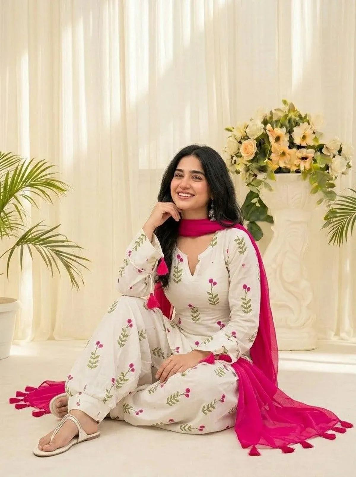 Gulbahar White Floral Cotton Farshi Salwar Suit Set