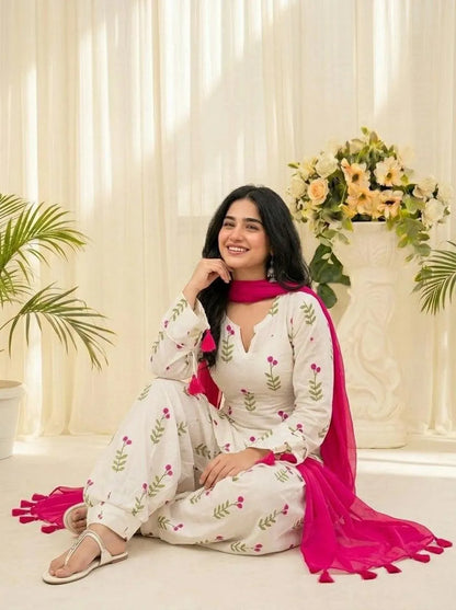 Gulbahar White Floral Cotton Farshi Salwar Suit Set