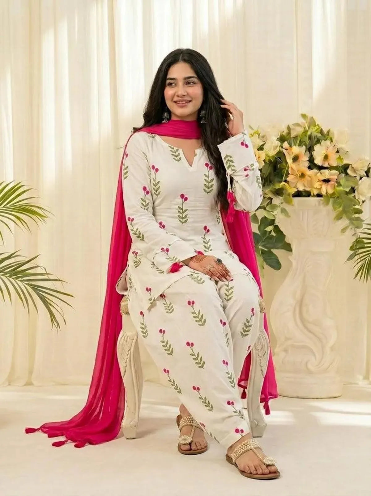 Gulbahar White Floral Cotton Farshi Salwar Suit Set