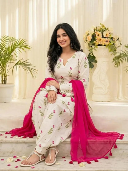 Gulbahar White Floral Cotton Farshi Salwar Suit Set