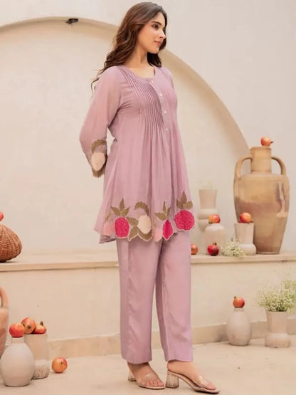 Purple Blossom Embroidered Kurta Set