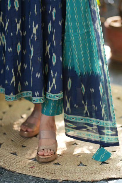 Navy Blue Cotton Kurta Set With Dupatta For Women
