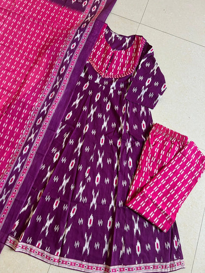 Pink And Purple Cotton Kurta Set With Dupatta For Women