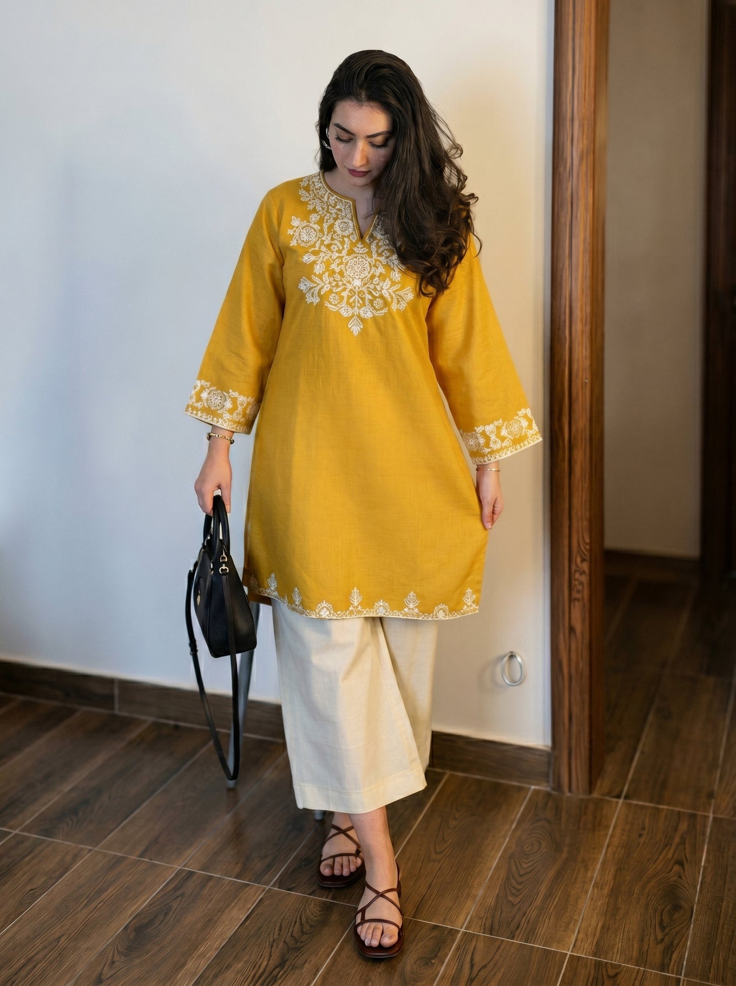 Embroidery Yellow Cotton Kurta Set with Palazzo Pants