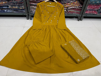 Premium Mustard Yellow Anarkali Kurti Pant Dupatta Set