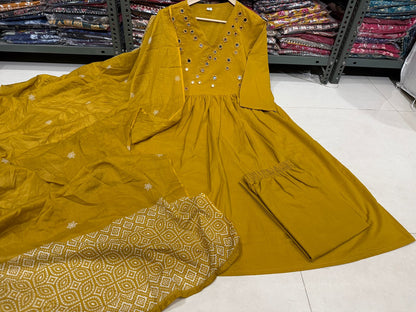 Premium Mustard Yellow Anarkali Kurti Pant Dupatta Set