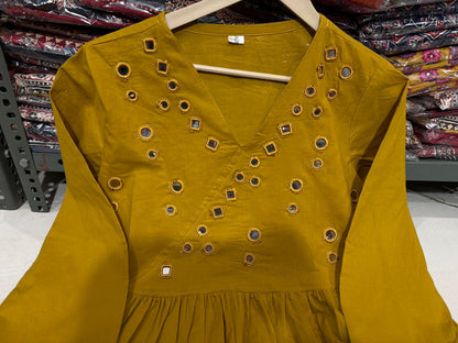 Premium Mustard Yellow Anarkali Kurti Pant Dupatta Set