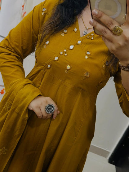 Premium Mustard Yellow Anarkali Kurti Pant Dupatta Set
