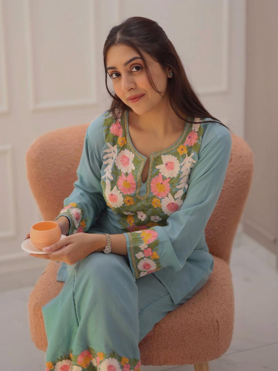 Aqua Blue Floral Embroidered Co-ord Set