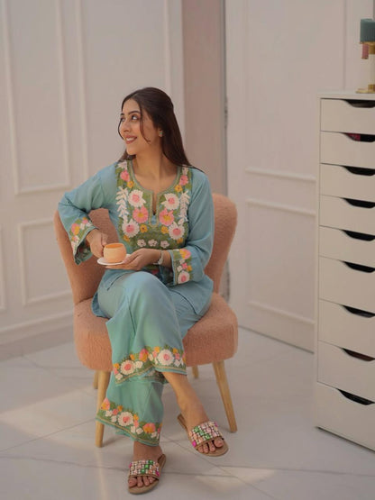 Aqua Blue Floral Embroidered Co-ord Set