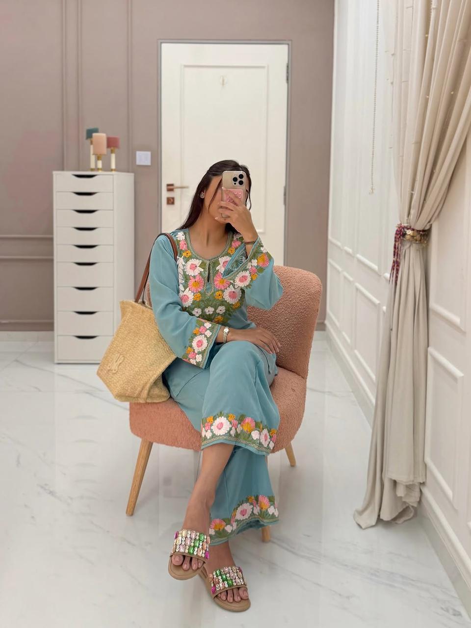 Aqua Blue Floral Embroidered Co-ord Set