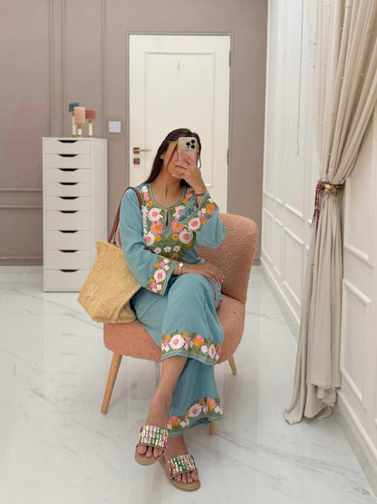 Aqua Blue Floral Embroidered Co-ord Set