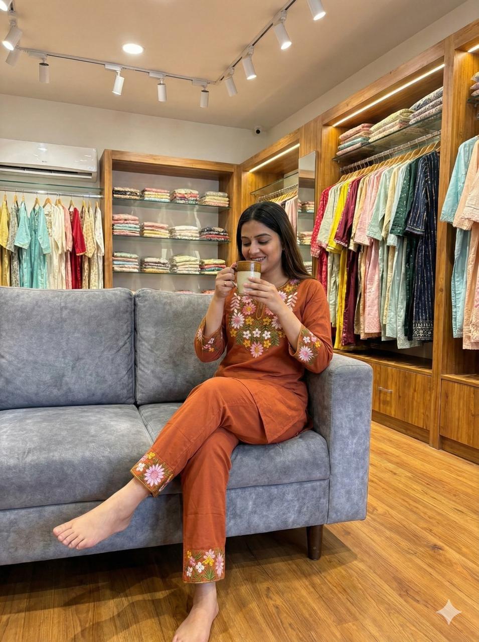 Rust Orange Floral Embroidered Co-ord Set