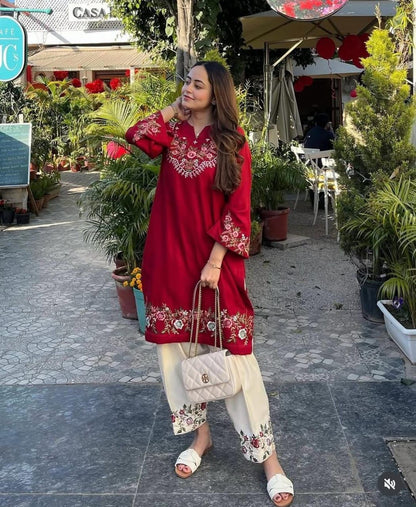 Ruby Red Embroidered Co-ord Set