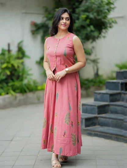 Rose Pink Printed Sleeveless Anarkali Kurta Set