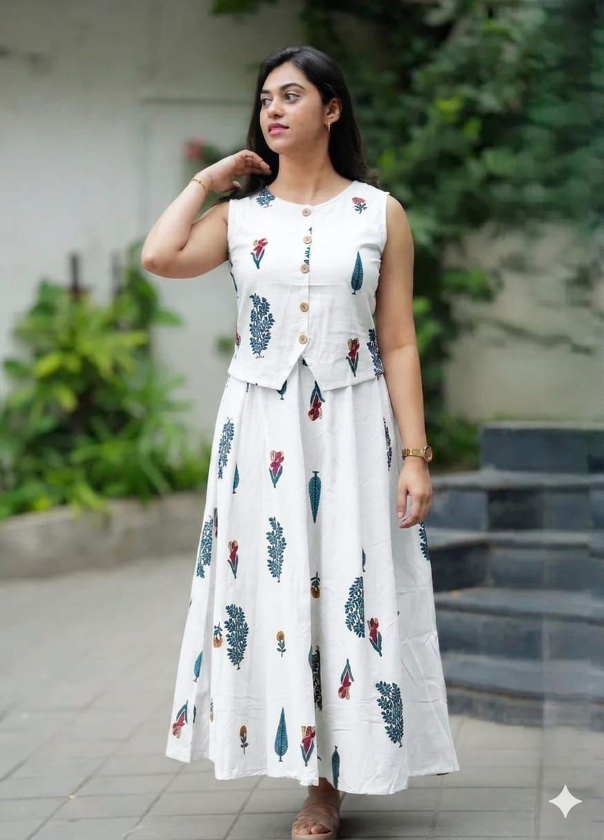 White Printed Sleeveless Anarkali Kurta