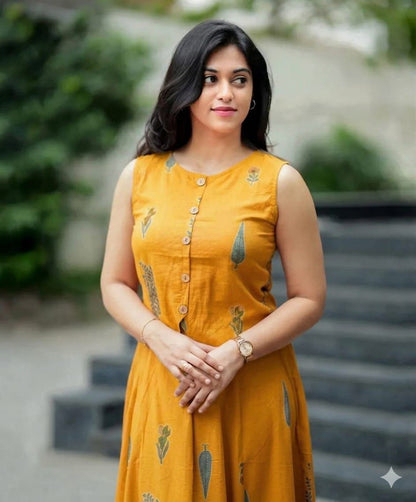 Mustard Yellow Printed Sleeveless Anarkali Kurta