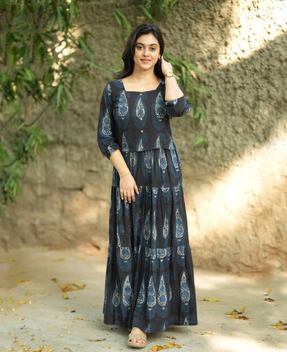 Black Paisley Printed Cotton Maxi Dress