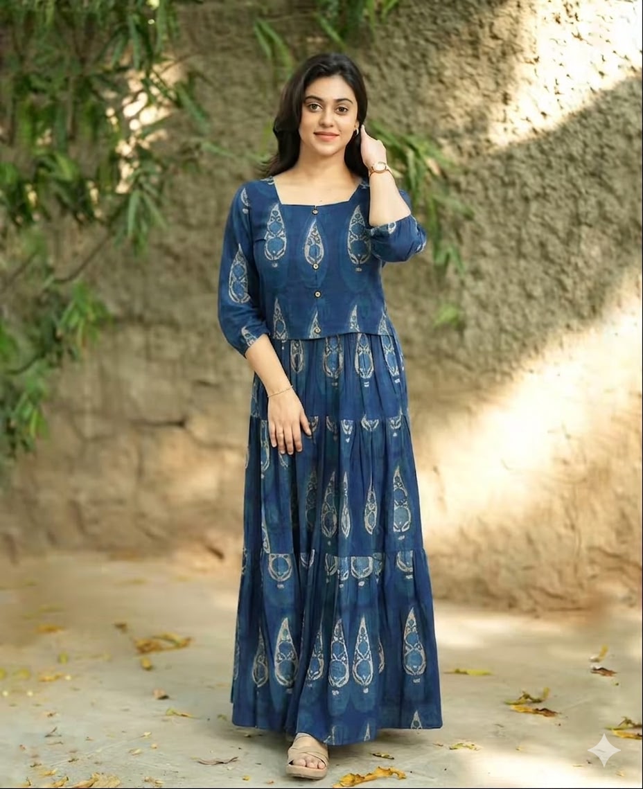 Blue Printed Cotton Anarkali Dress