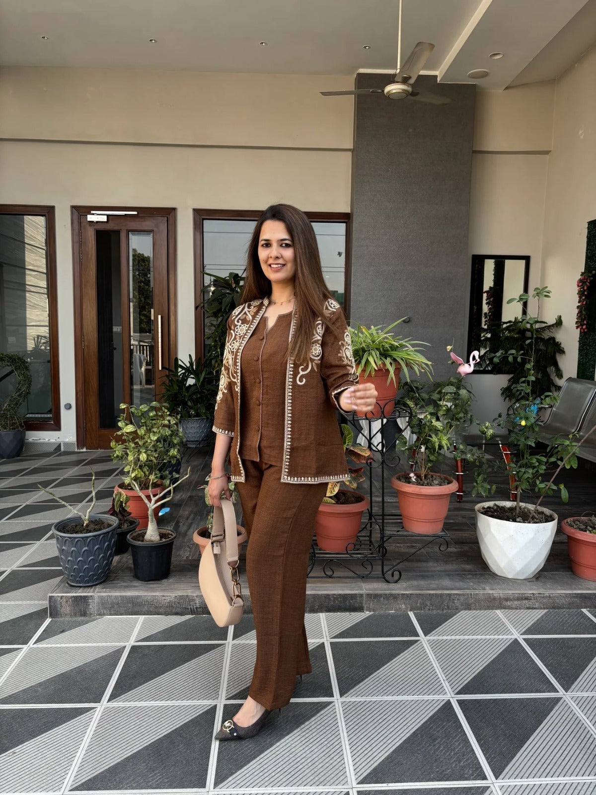 Mocha Brown Floral Embroidered Jacket Set