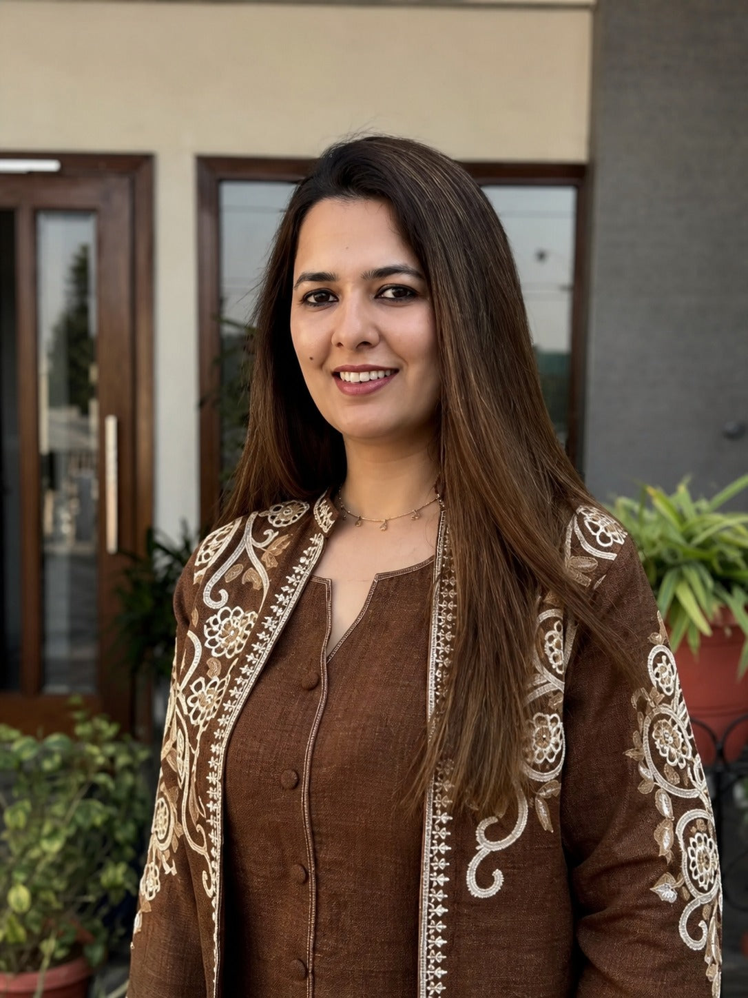 Mocha Brown Floral Embroidered Jacket Set
